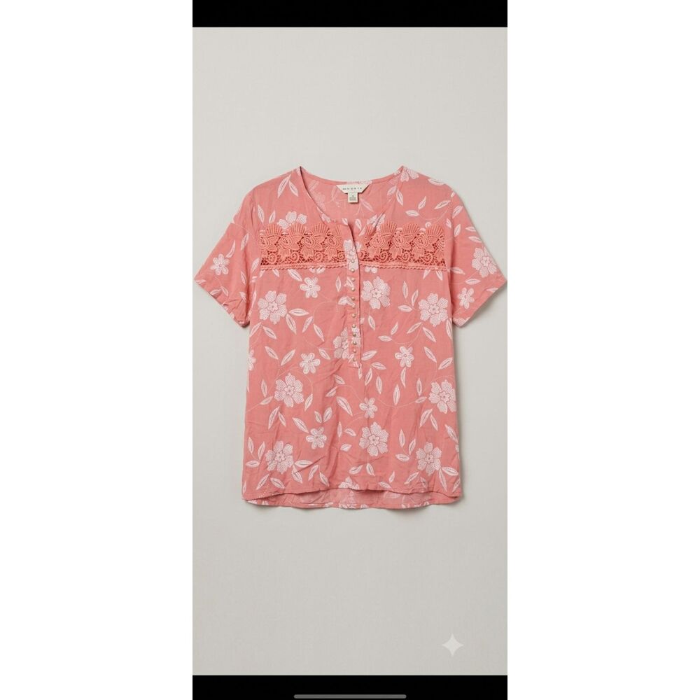 Boho Pink Floral Crochet Yoke Button Front Top XL